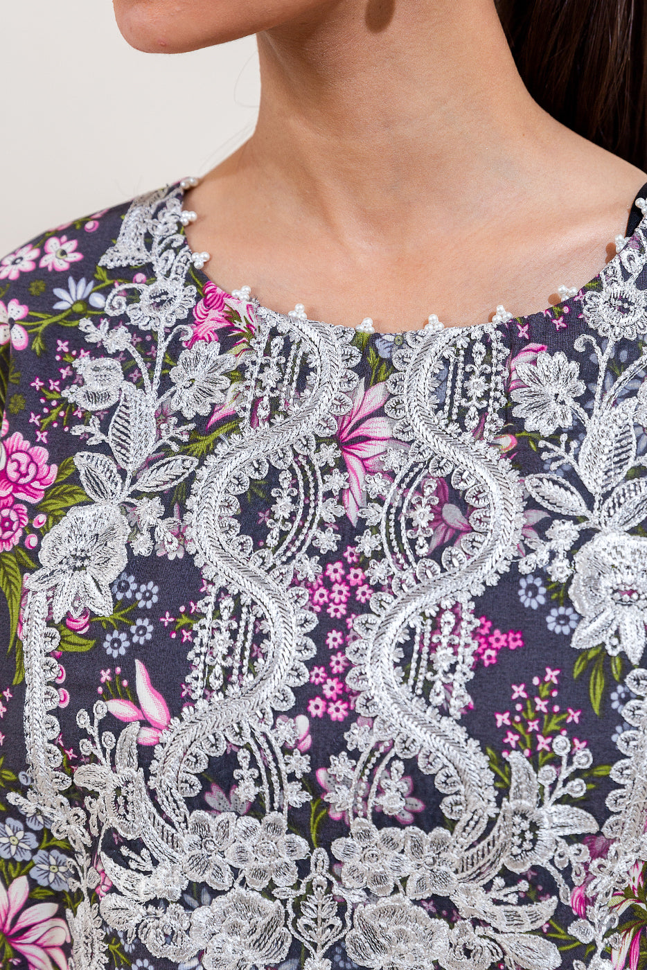 2 Piece Embroidered Cambric Suit-Ebony Bloom (Unstitched)
