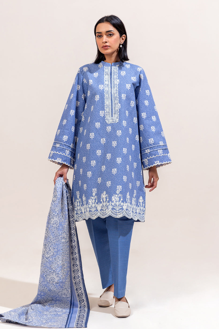 3 Piece Embroidered Khaddar Suit-Cerulean Musk (Unstitched)