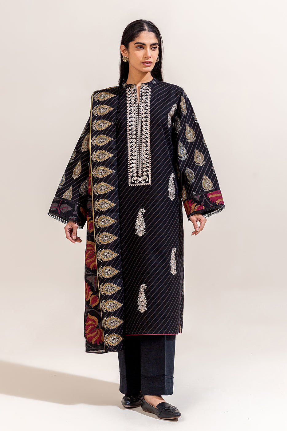 3 Piece Embroidered Khaddar Suit-Raven Noir (Unstitched)