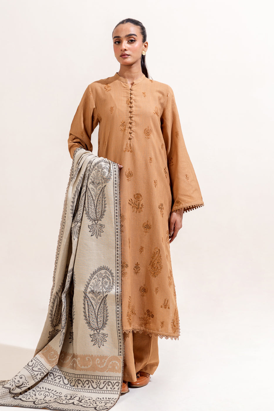 3 Piece Embroidered Khaddar Suit-Linen Blonde (Unstitched)