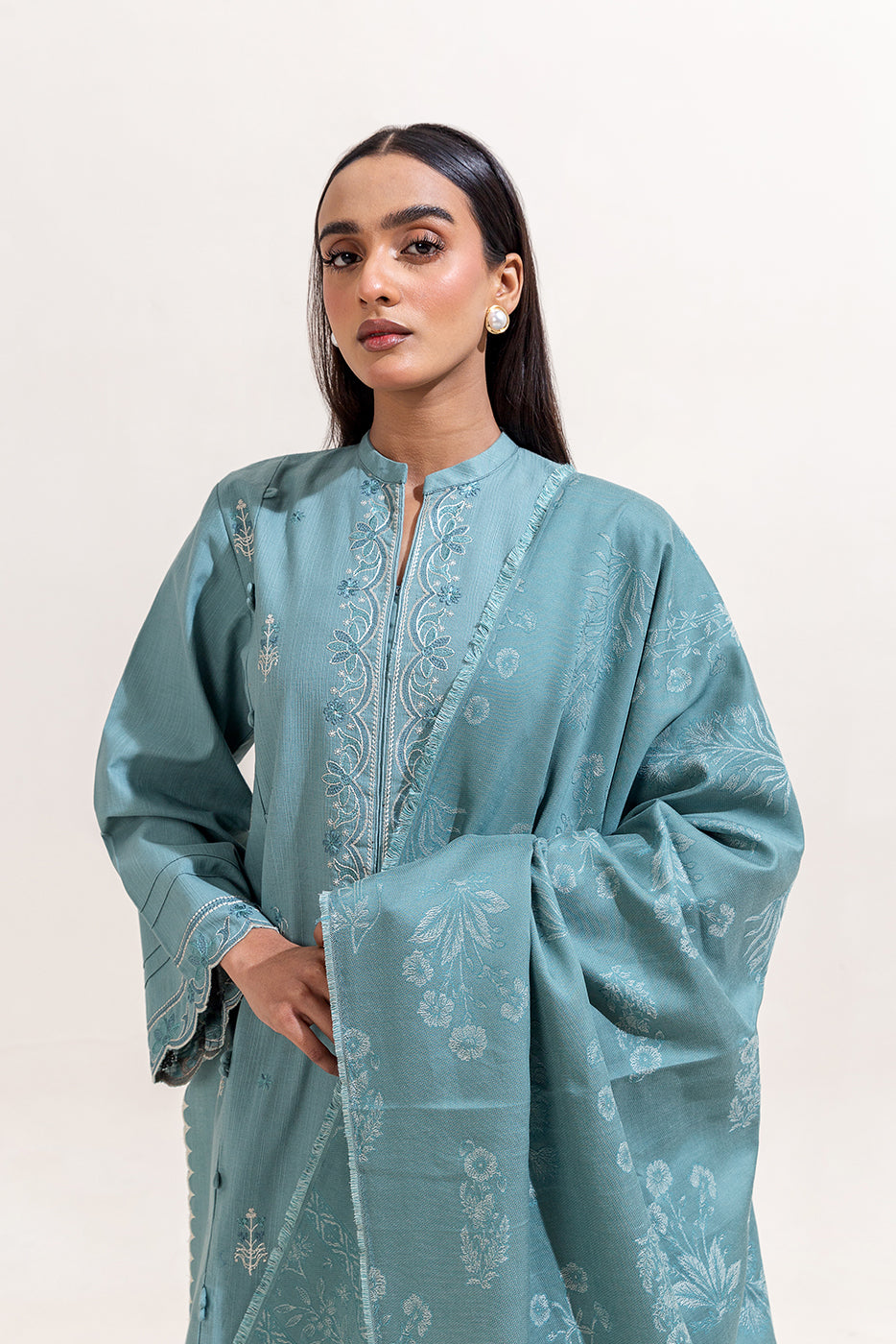 3 Piece Embroidered Khaddar Suit-Silt Green (Unstitched)