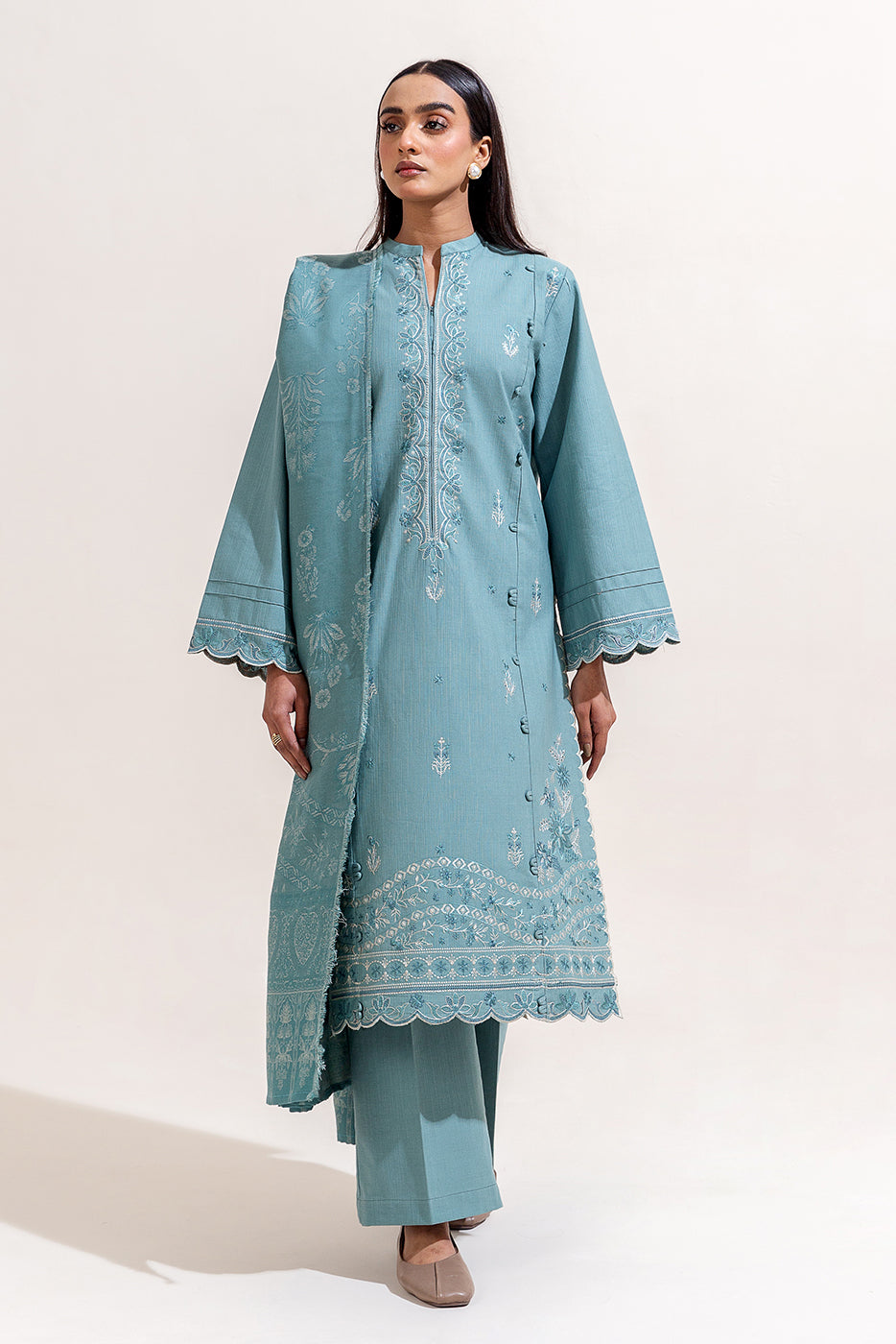 3 Piece Embroidered Khaddar Suit-Silt Green (Unstitched)