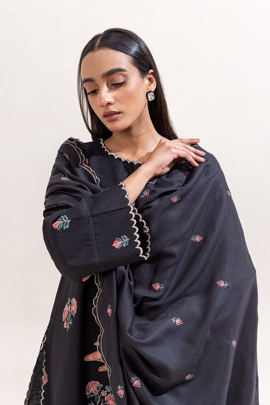 3 Piece Embroidered Khaddar Suit-Black Beauty (Unstitched)