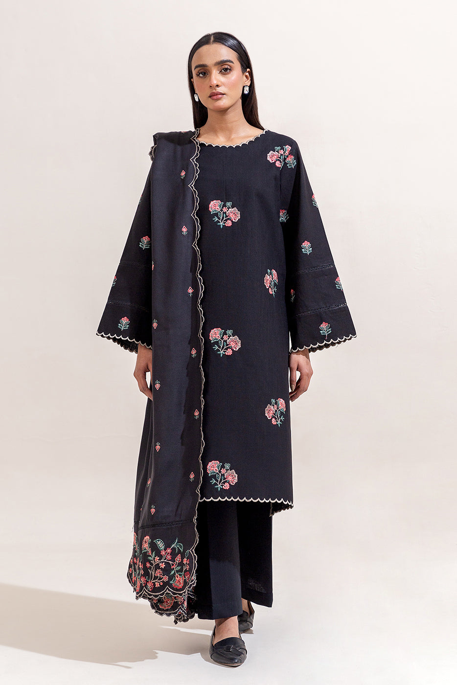 3 Piece Embroidered Khaddar Suit-Black Beauty (Unstitched)