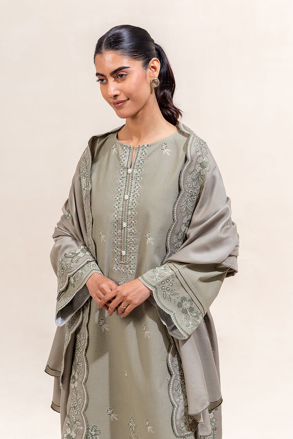 3 Piece Embroidered Khaddar Suit-Olive Desire (Unstitched)