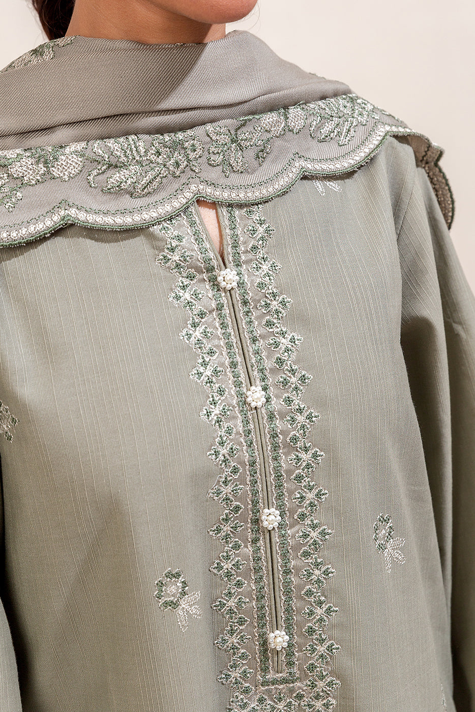 3 Piece Embroidered Khaddar Suit-Olive Desire (Unstitched)