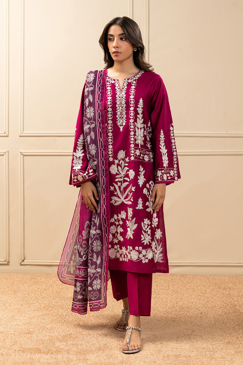 3 PIECE EMBROIDERED TWO TONE SUIT (PRET)BT2250001PR0070-SHO PINK-2000000293179-8