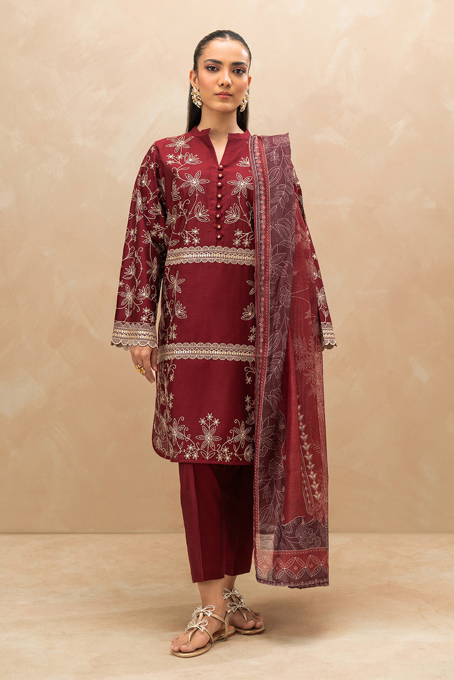 3 PIECE EMBROIDERED TWO TONE SUIT (PRET)BT2250002PR0173-MAROON-2000000293209-8