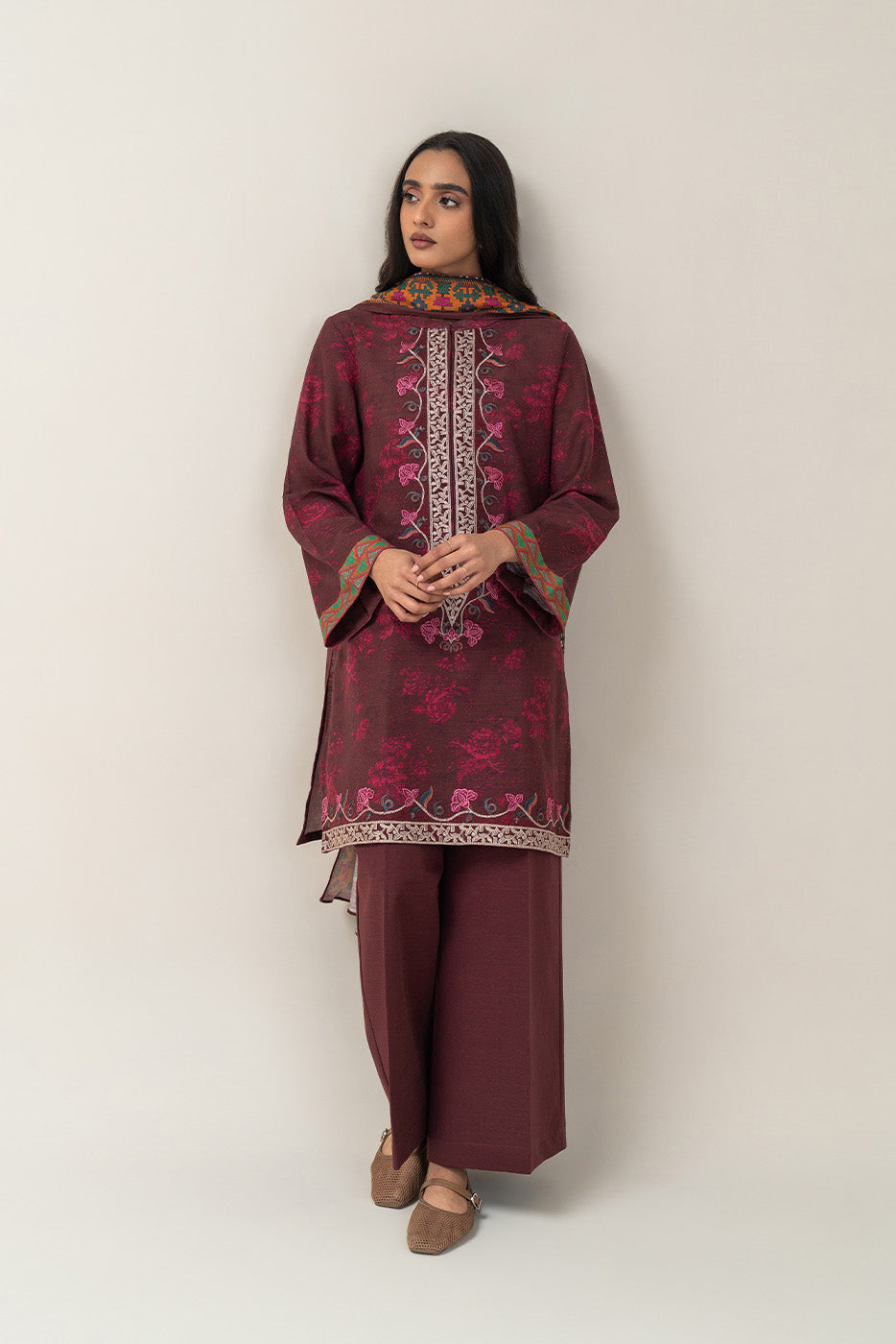 3 Piece Embroidered Slub Khaddar Suit-Burnt Maroon (Unstitched)