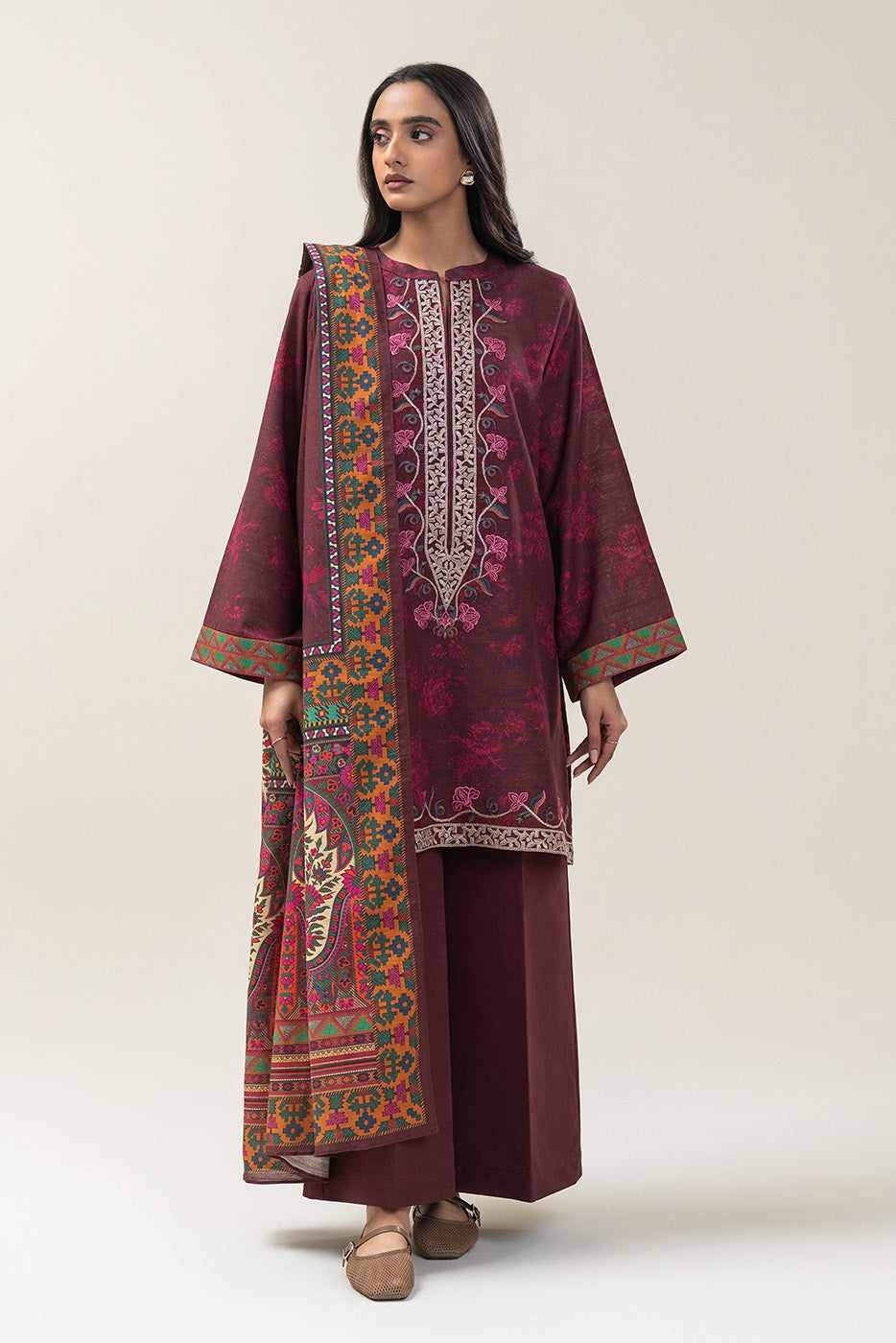 3 Piece Embroidered Slub Khaddar Suit-Burnt Maroon (Unstitched)