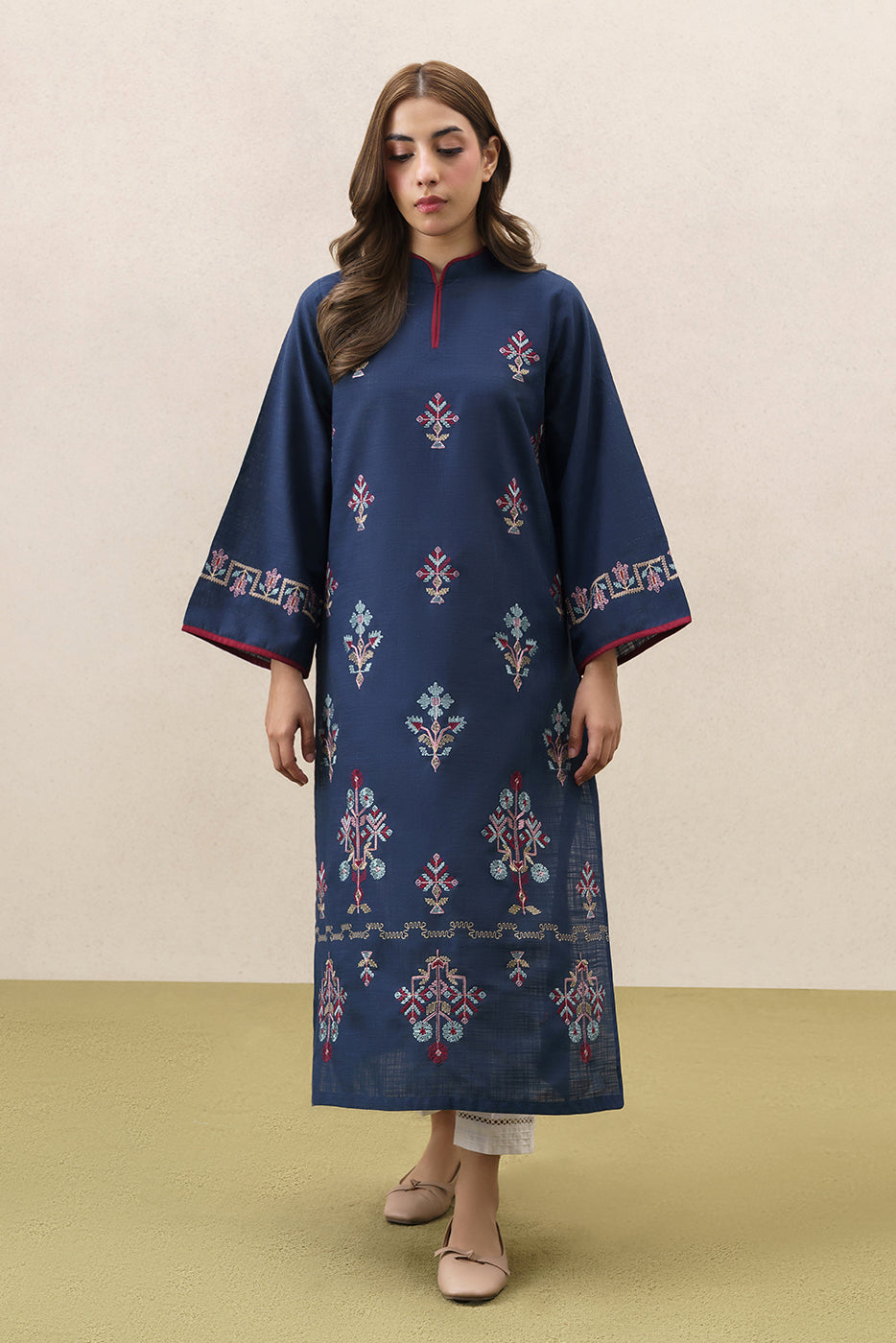 EMBROIDERED TWO WAY SLUB SHIRT (PRET)