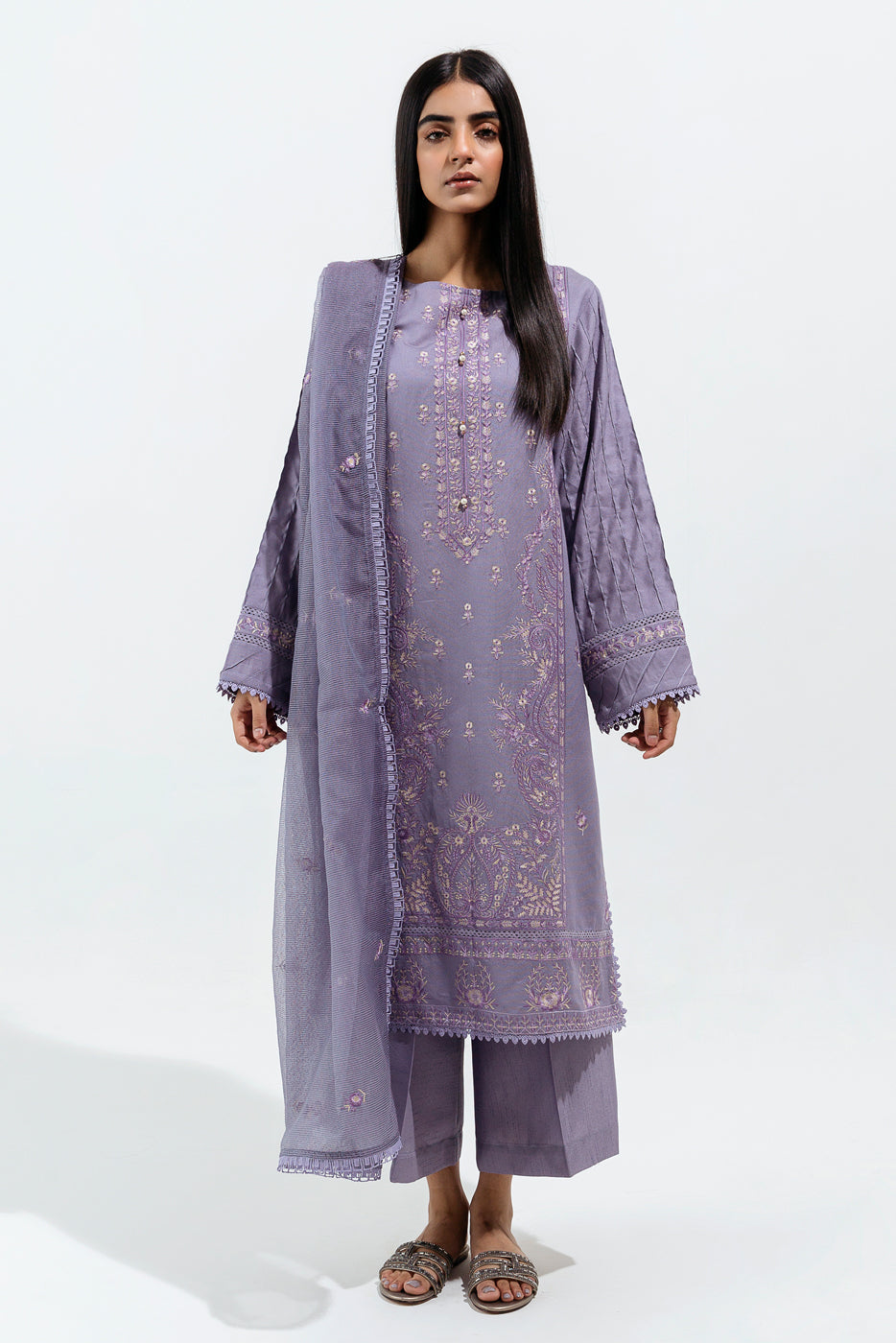 3 Piece - Embroidered Lawn Suit - Mauve Glow