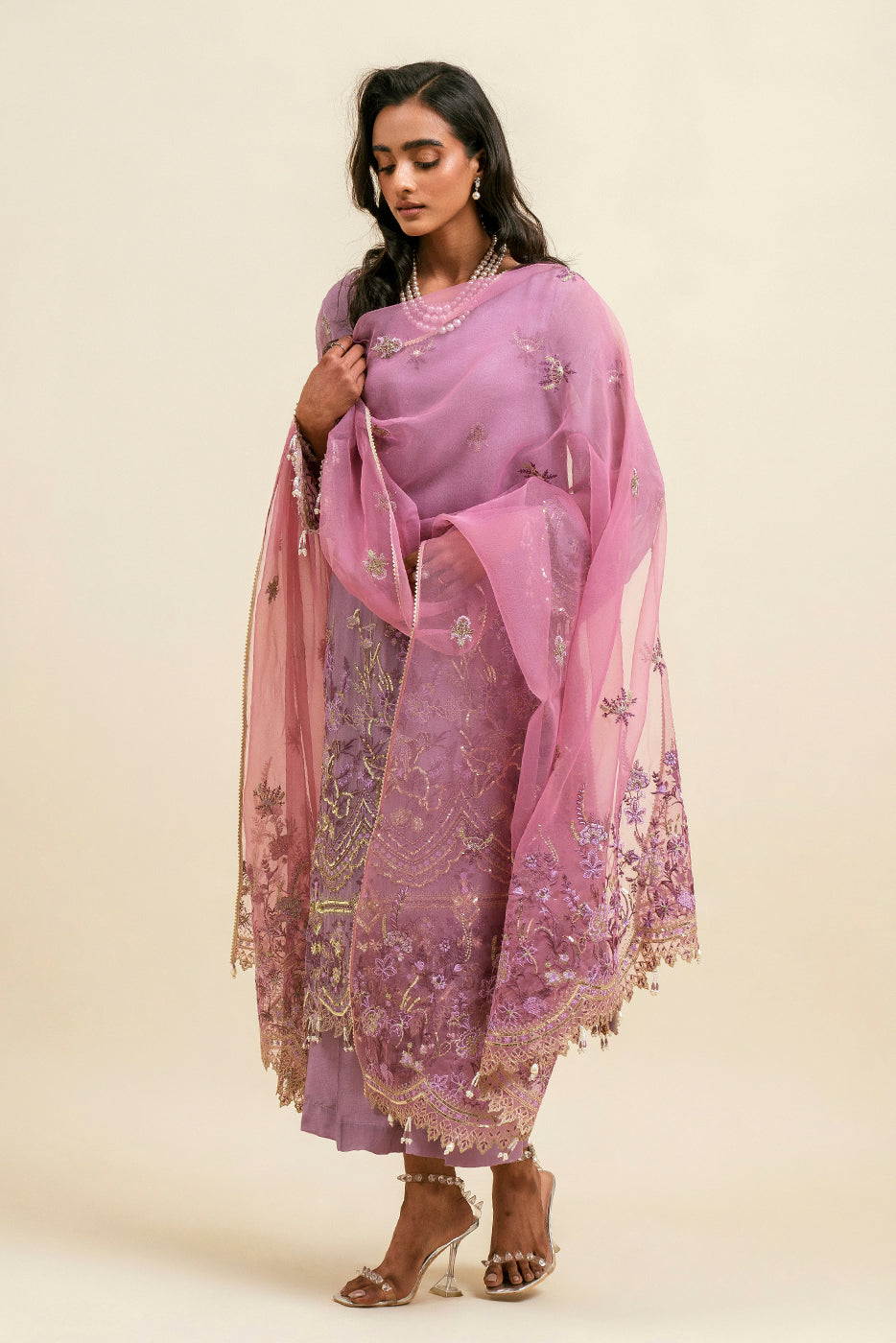 4 Piece - Embroiderd Chiffon Suit - Periwinkle Blush