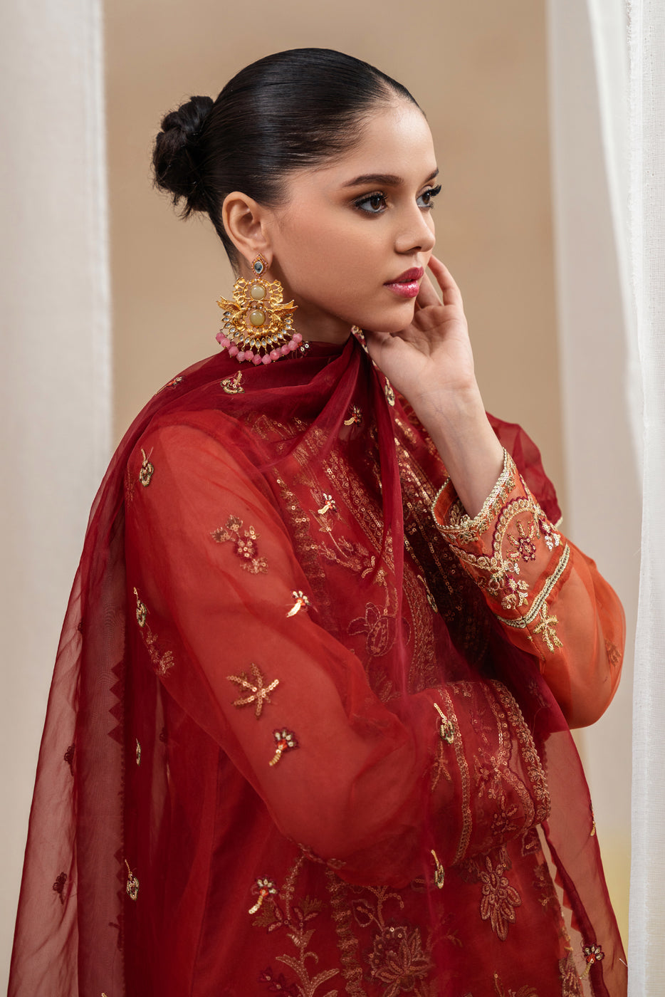 4 Piece Embroidered Organza Suit-Tangerine Rouge (Unstitched)