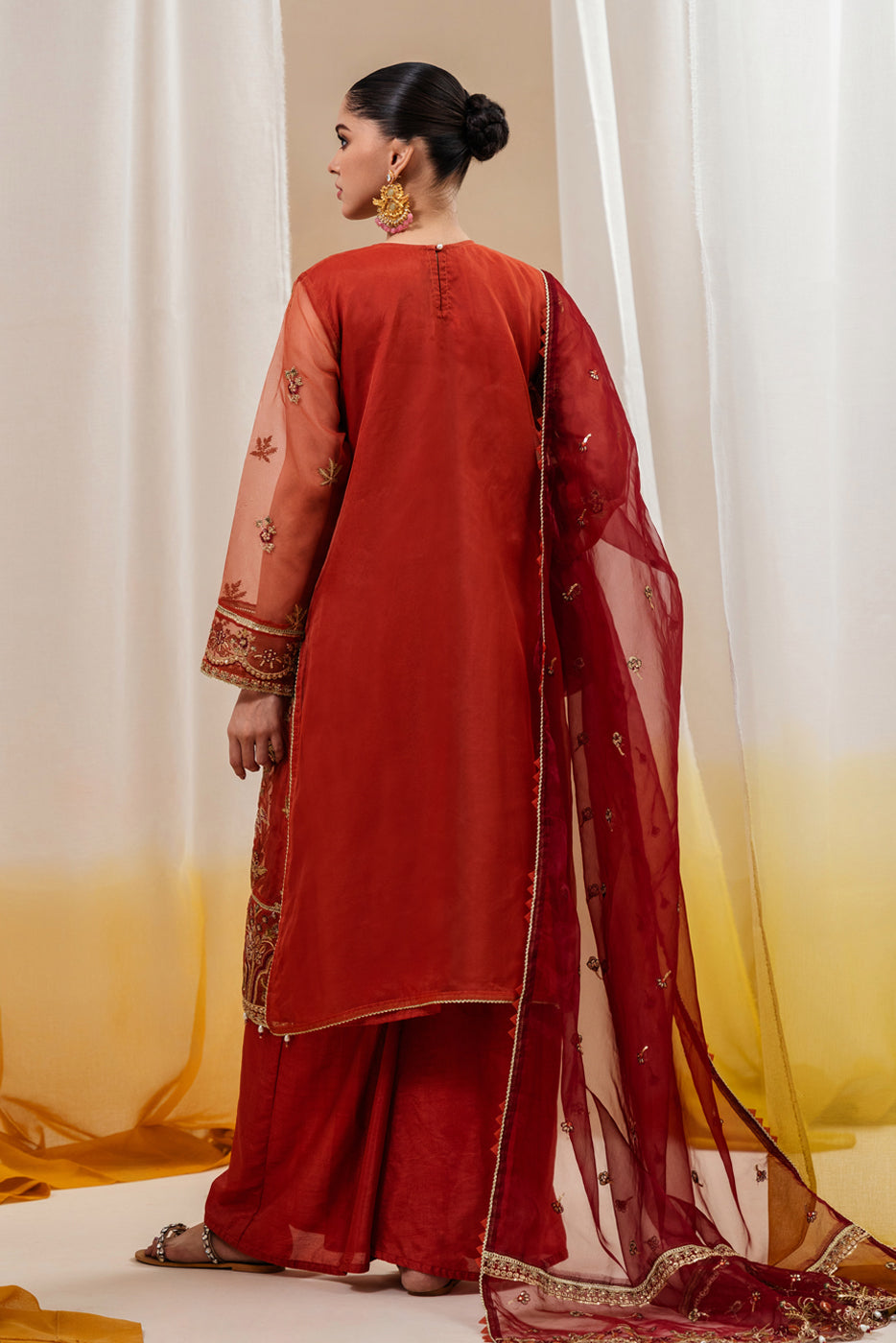 4 Piece Embroidered Organza Suit-Tangerine Rouge (Unstitched)