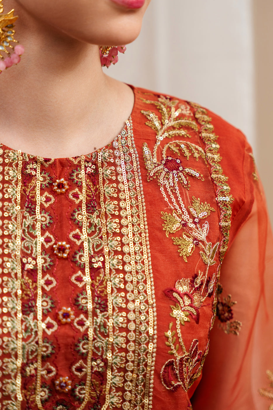 4 Piece Embroidered Organza Suit-Tangerine Rouge (Unstitched)