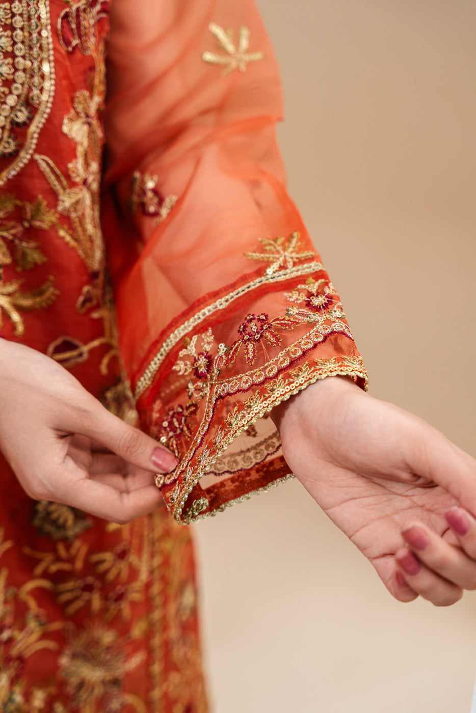 4 Piece Embroidered Organza Suit-Tangerine Rouge (Unstitched)