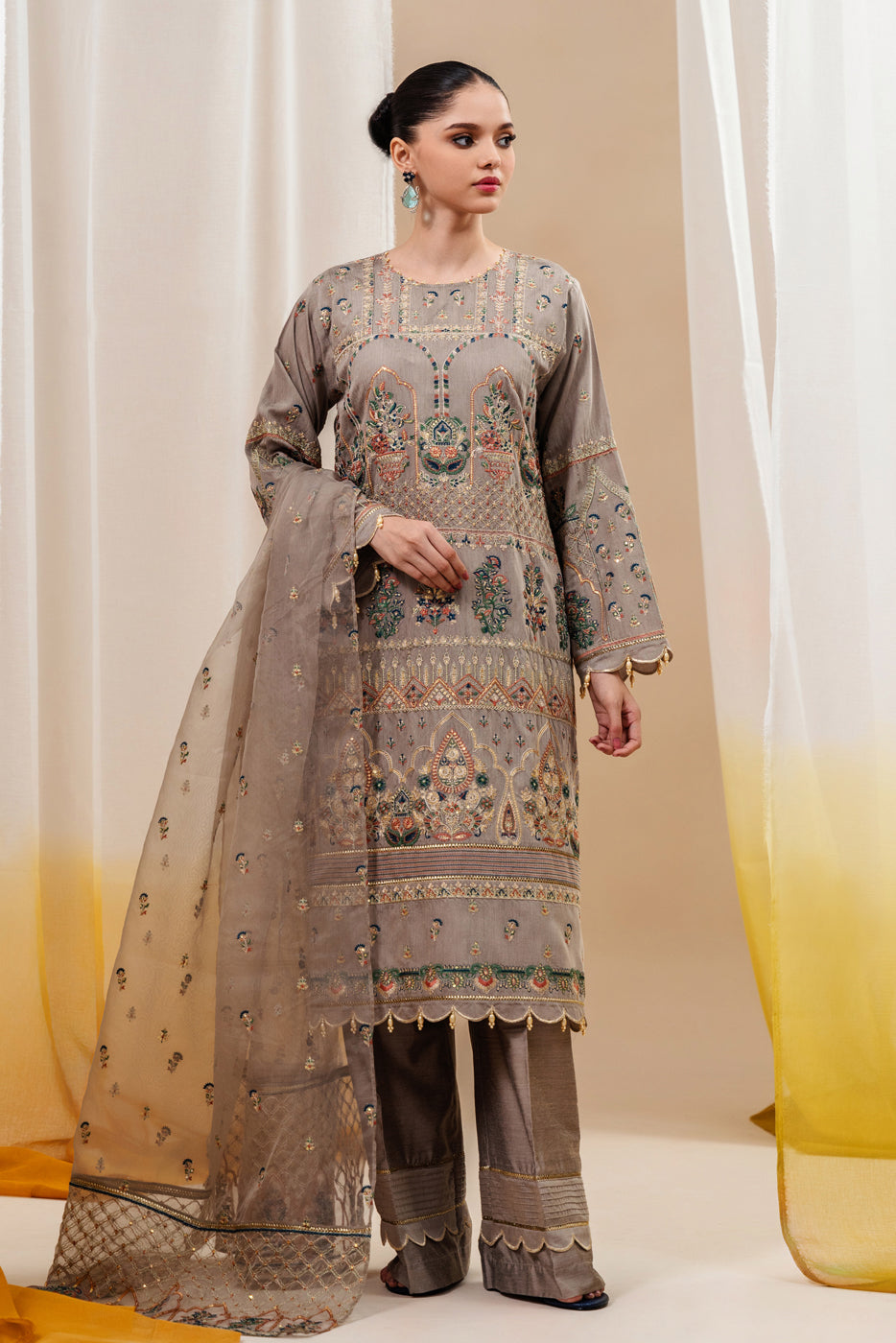 3 Piece Embroidered Two Tone Suit-Star Dust (Unstitched)