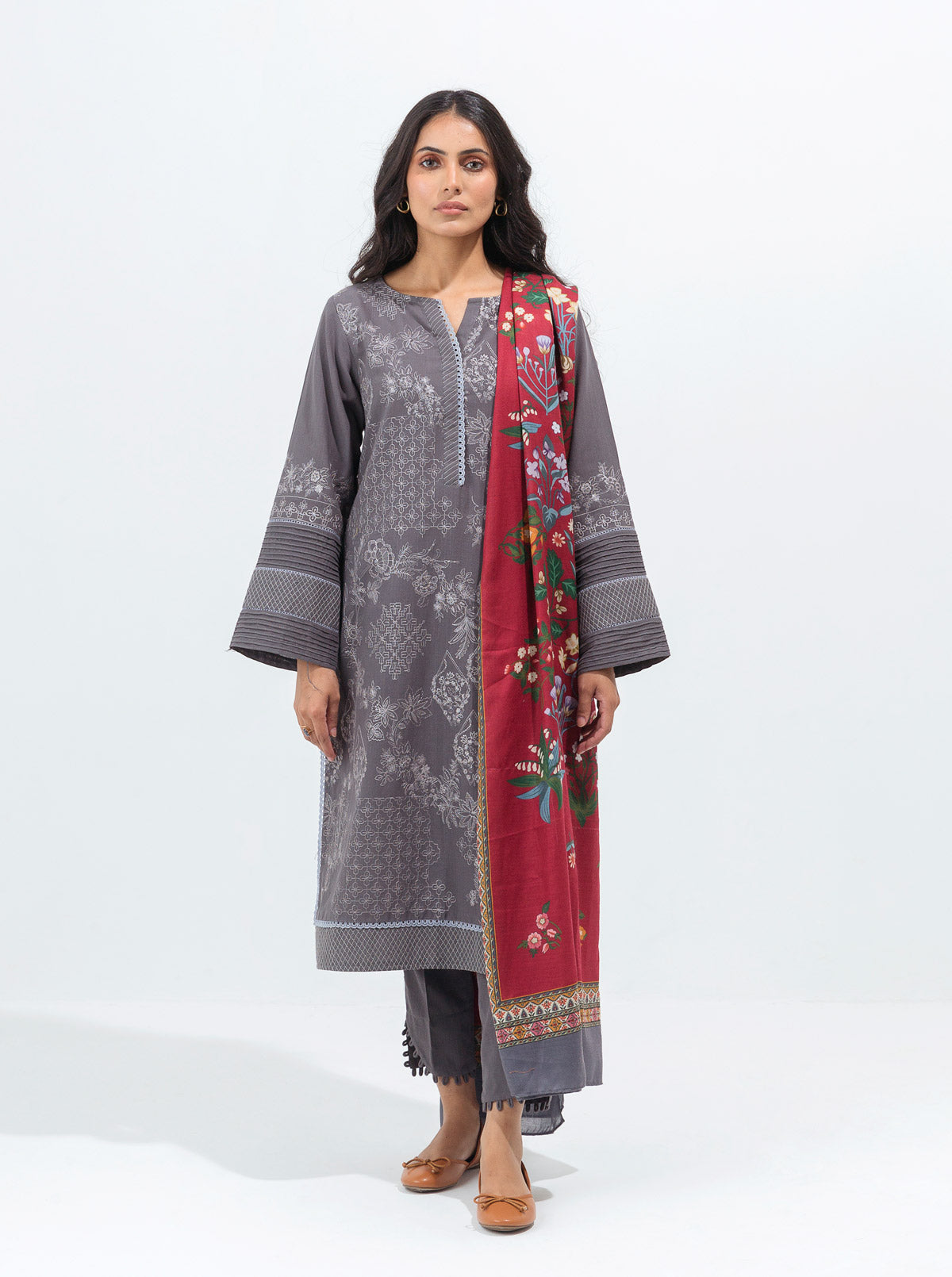 Charcoal Ash-Embroidered With Shawl-2P (Unstitched)