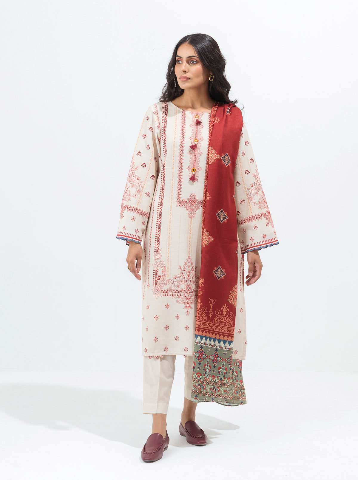 CLASSIC BEIGE-PRINTED WITH SHAWL-3P (UNSTITCHED)BT2W21U73-BEIGE-2000000178786-3P