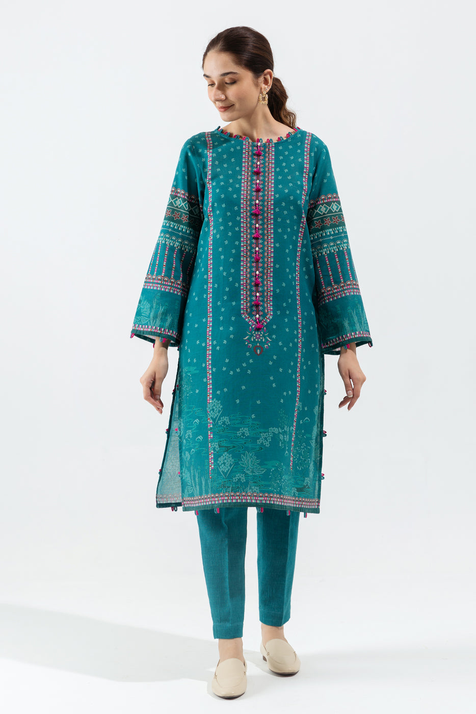 2 Piece - Printed Khaddar Suit - Crystalline Teal