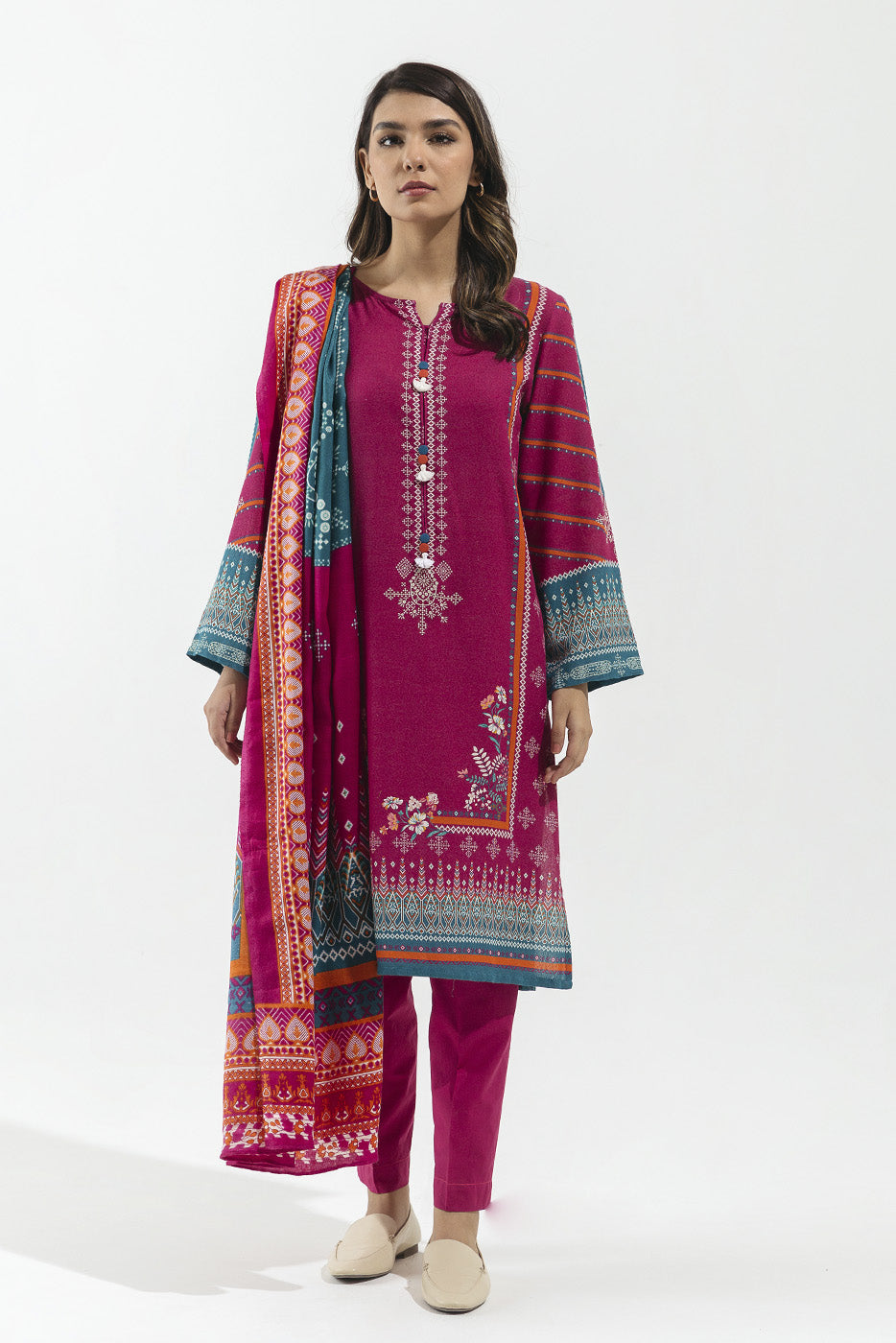 3 Piece - Printed With Shawl Karandi Suit - Primrose Pink