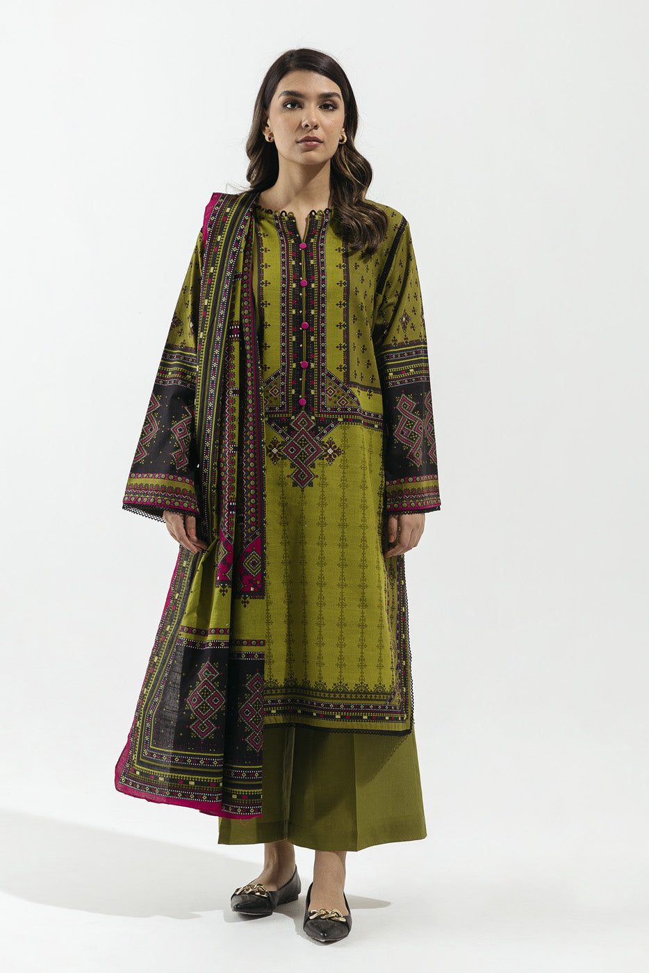 3 Piece - Printed Khaddar Suit - Pear Aura