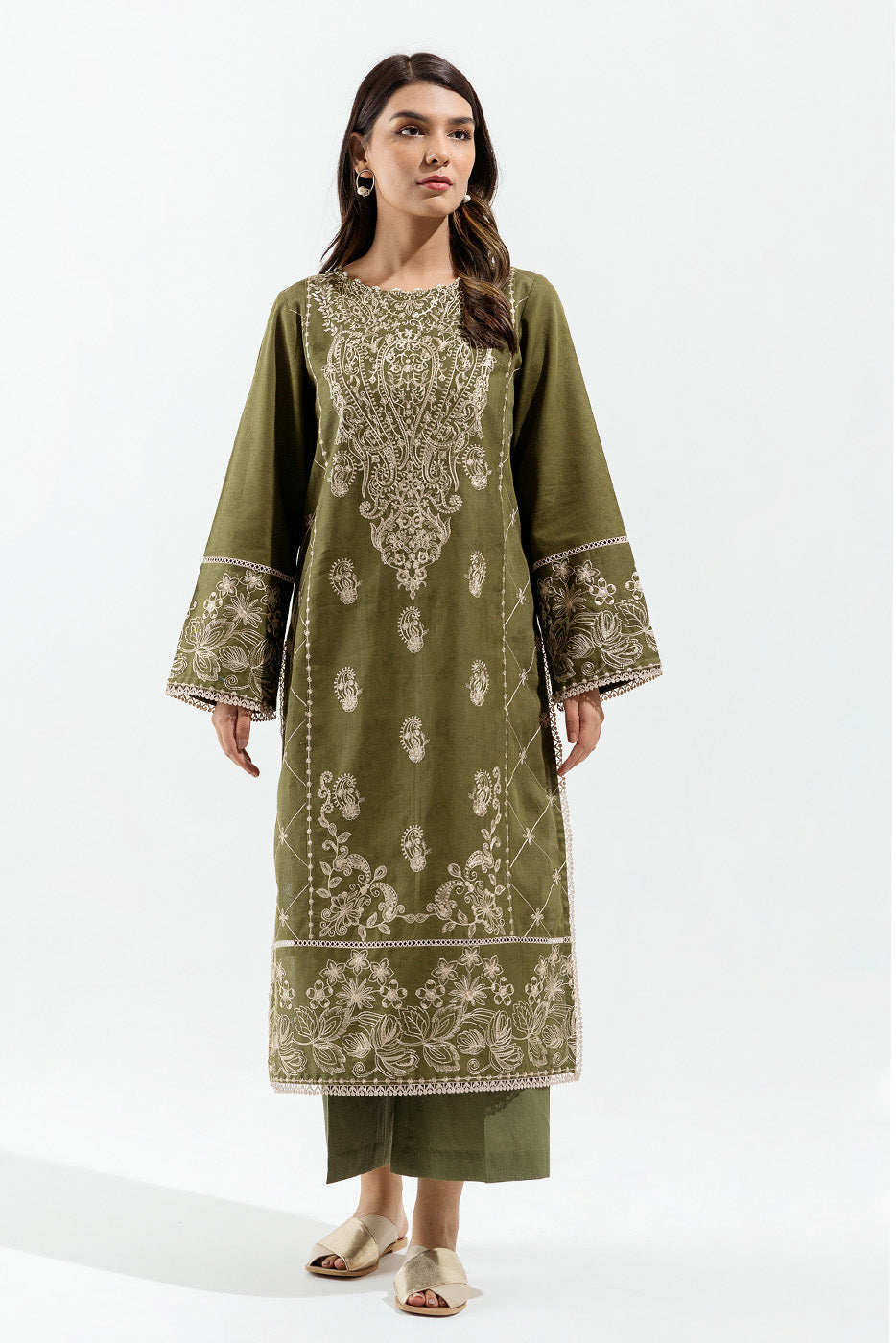 2 Piece - Embroidered Khaddar Suit - Olive Grove