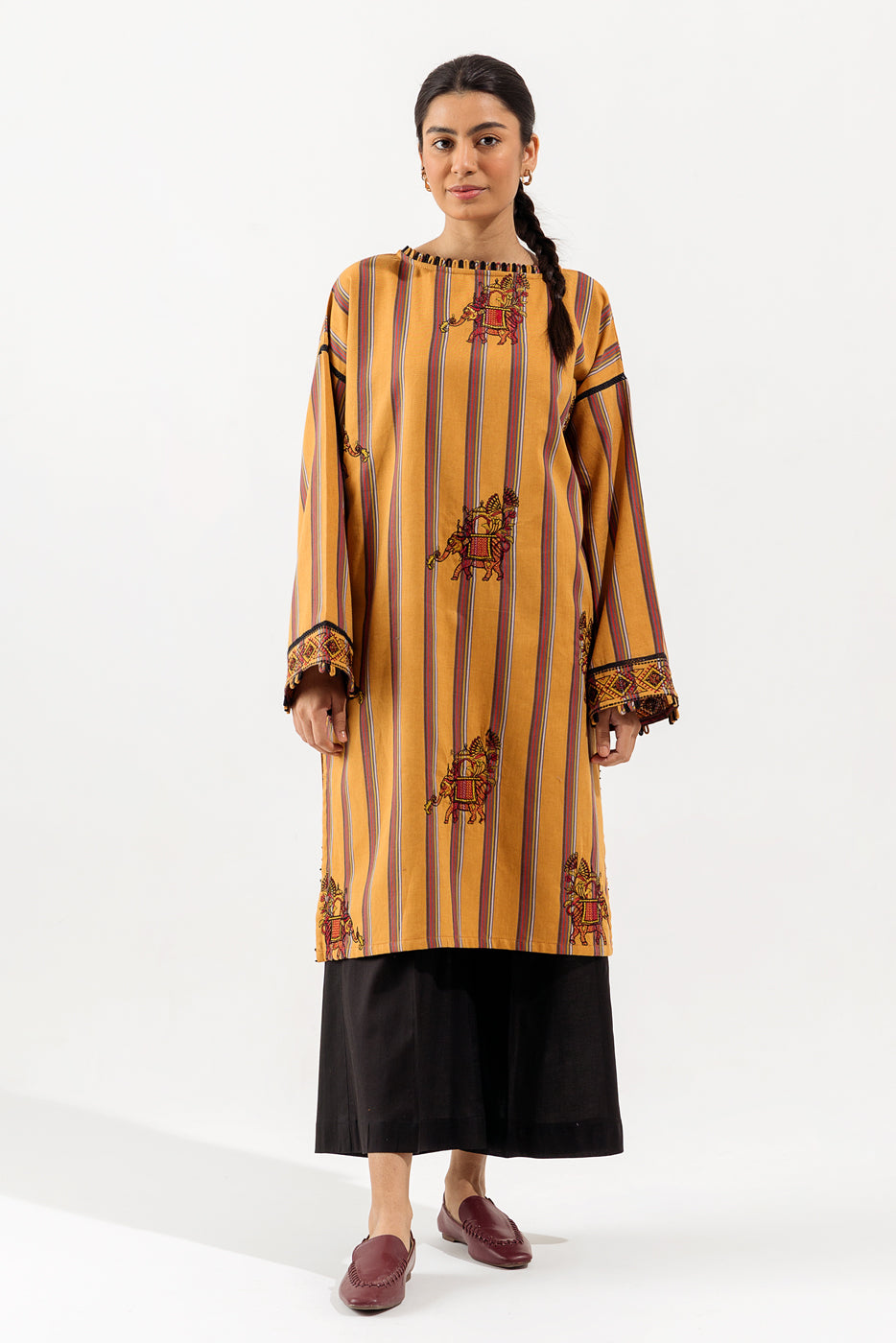 1 Piece - Embroidered Yarn Dyed Shirt - Mustard Obession