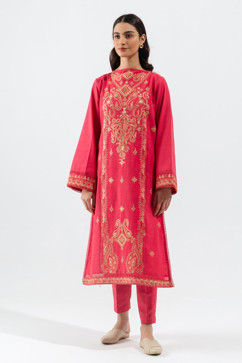 2 Piece - Embroidered Khaddar Suit - Vivacious Crimson