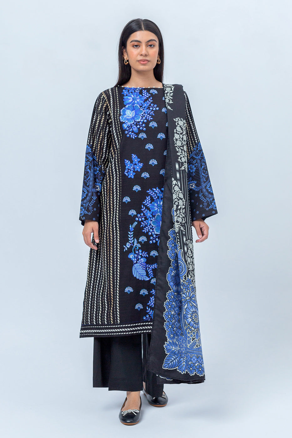 3 Piece - Embroidered Khaddar Suit With Printed Shawl - Wondrous Black (Unstitched)