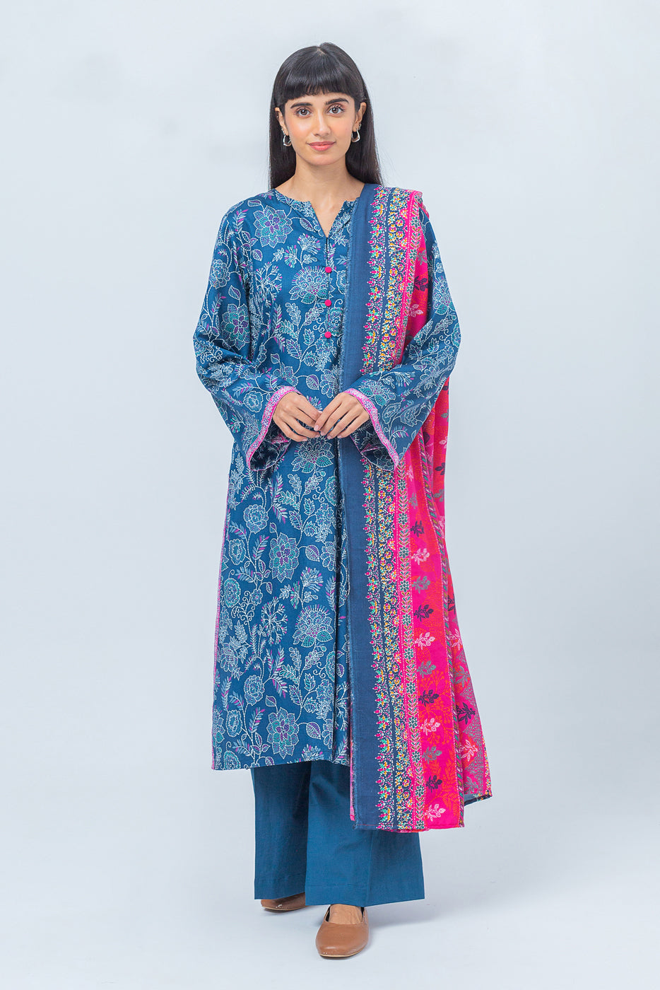 3 Piece - Printed Cotton Satin Suit With Printed Shawl - Teal Waters (Unstitched)