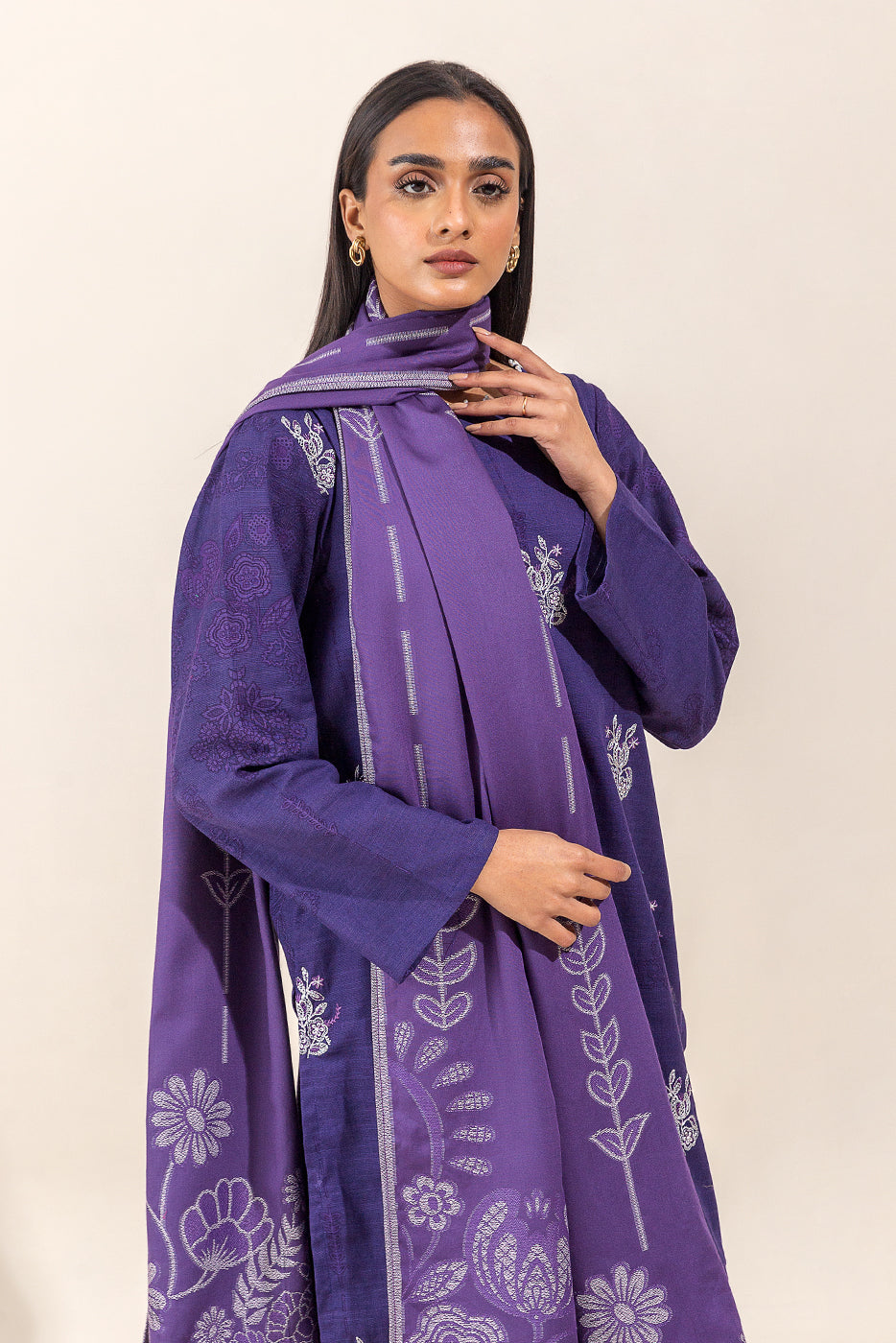 3 Piece - Embroidered Khaddar Suit With Woven Shawl - Aubegiene Bloom (Unstitched)