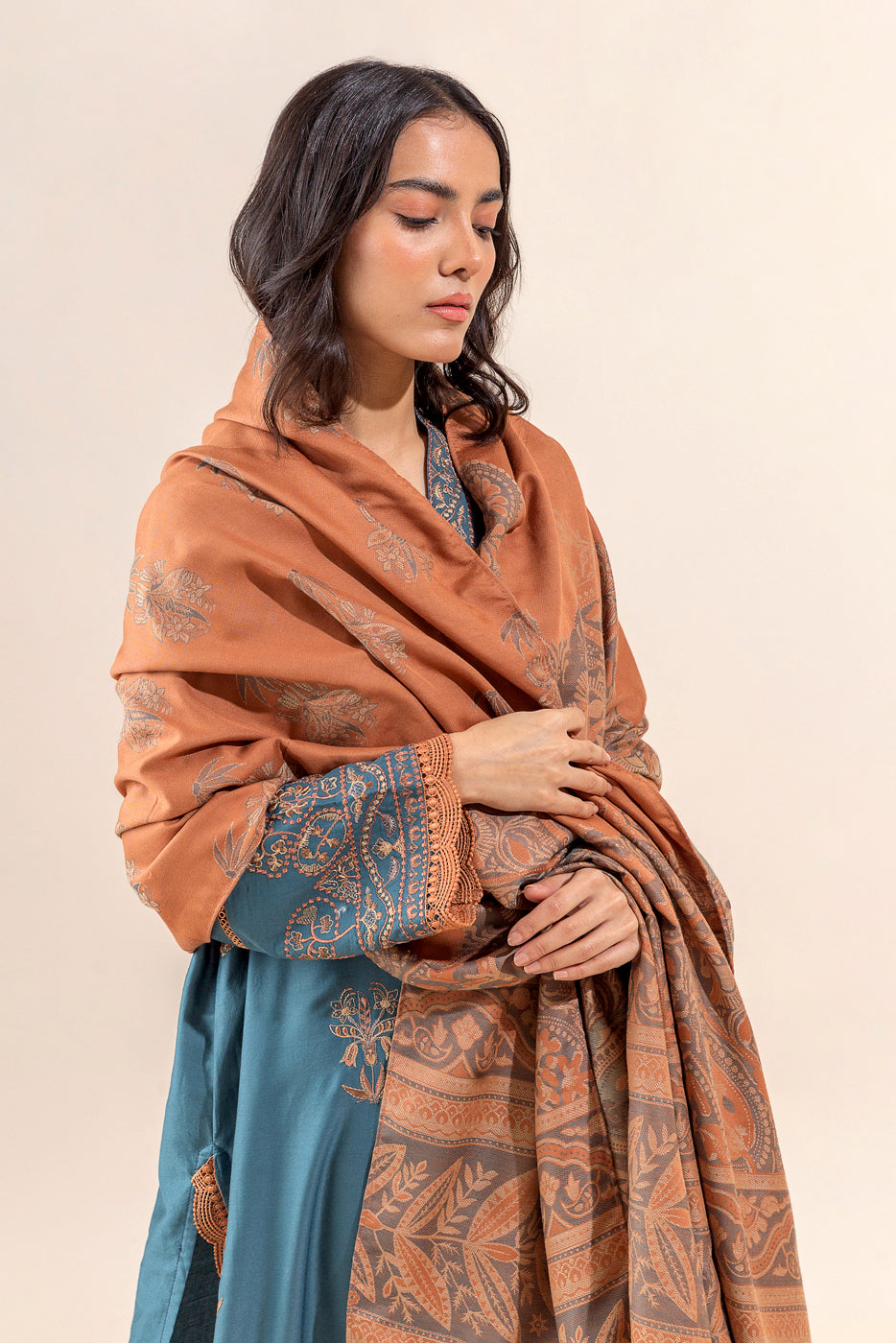 2 PIECE - EMBROIDERED COTTON SATIN SUIT WITH WOVEN SHAWL - ACCENT ZONE (UNSTITCHED)