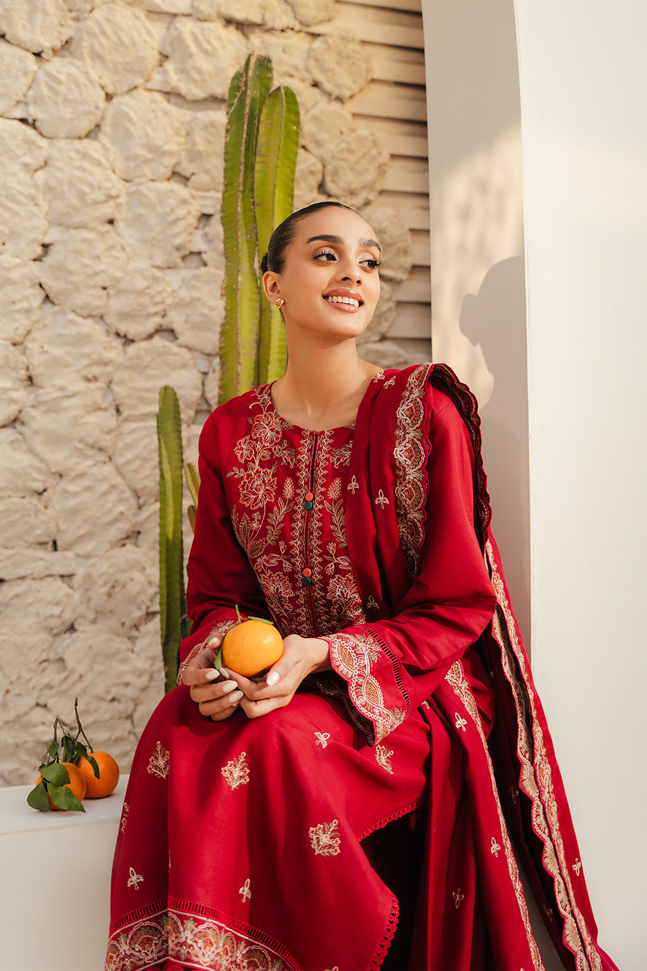 3 Piece - Embroidered Cotton Satin Suit - Scarlet Grace (Unstitched)