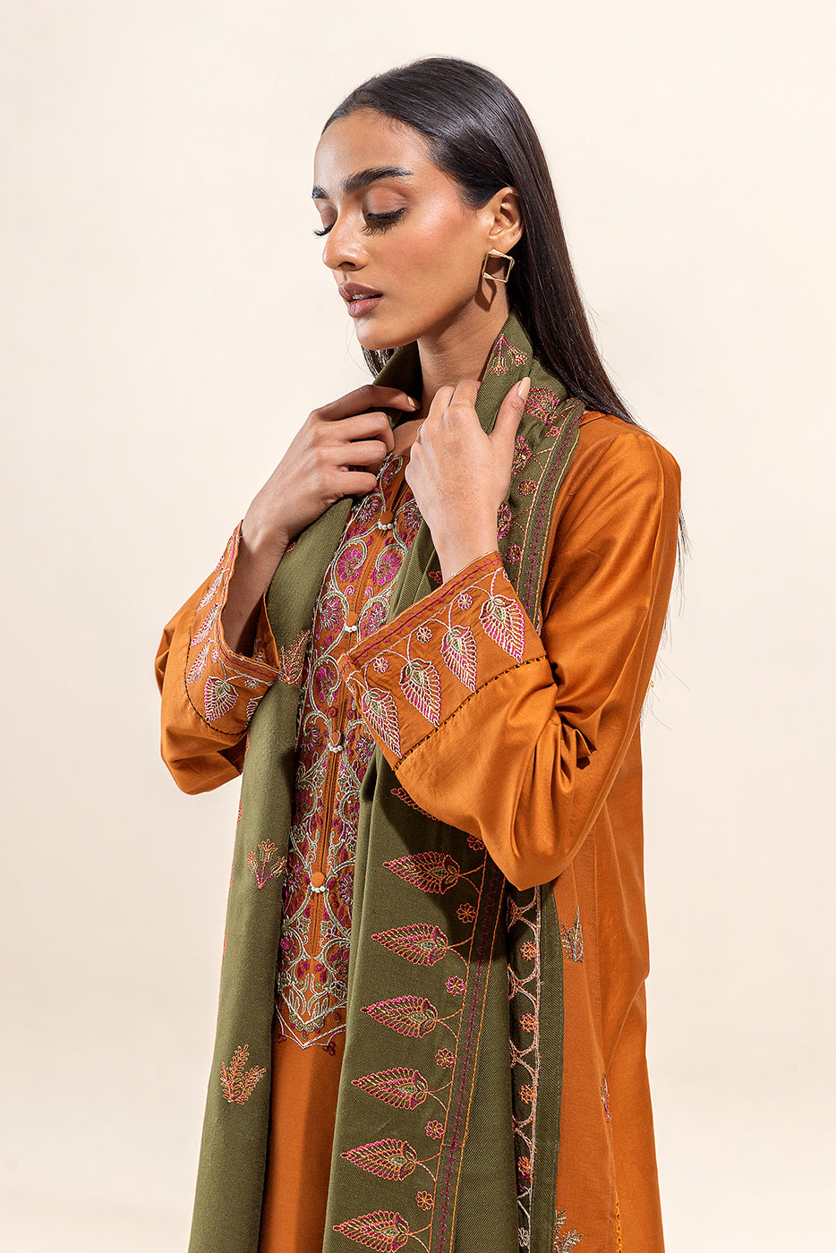 3 Piece - Embroidered Cotton Satin Suit With Embroidered Shawl - Basil Dust (Unstitched)