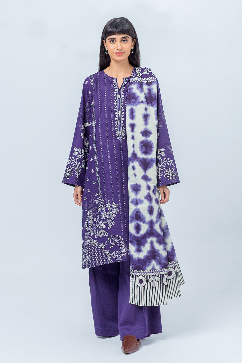 3 Piece - Printed Khaddar Suit - Periwinkle Glaze (Unstitched)