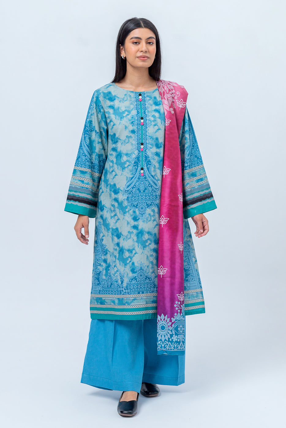 3 Piece - Printed Khaddar Suit - Misty Blue (Unstitched)