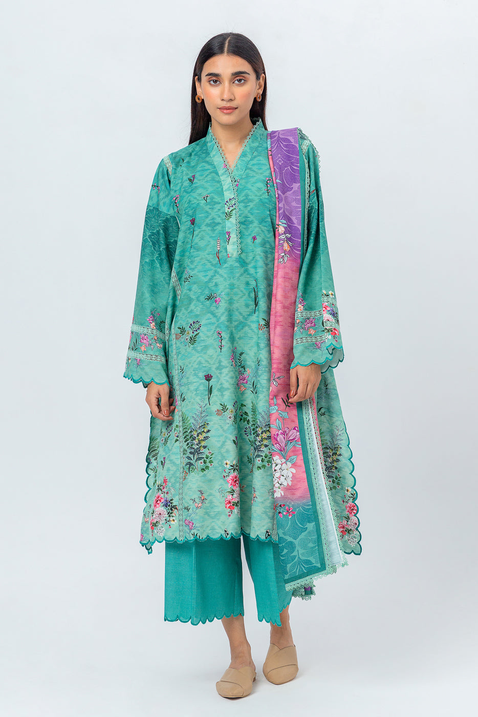 3 Piece - Printed Khaddar Suit - Misty Jade (Unstitched)