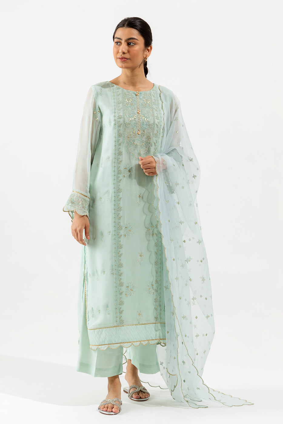 4 Piece - Embroidered Chiffon Suit - Misty Haze