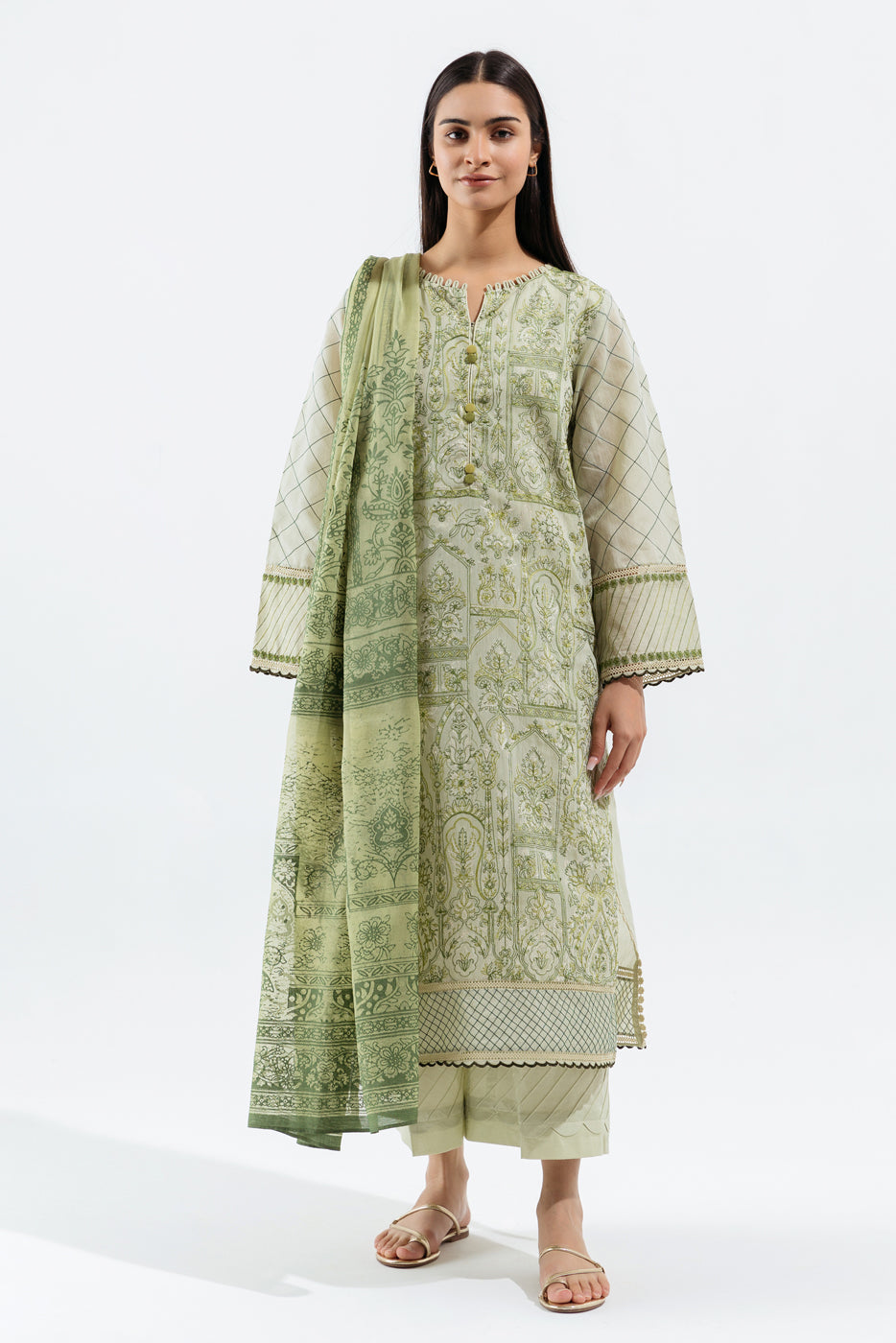 4 Piece - Embroidered Paper Cotton Suit - Opal Green(Unstitched)