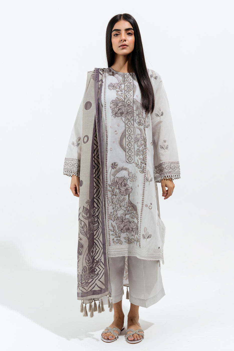 4 Piece - Embroidered Paper Cotton Suit - Dewy Gray(Unstitched)