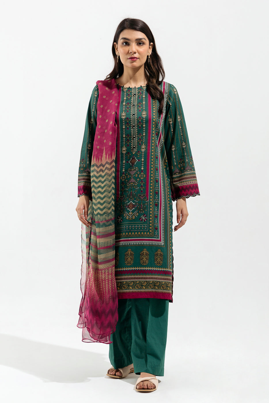 2 Piece - Printed Lawn Suit - Peacock Aztec (Unstitched)