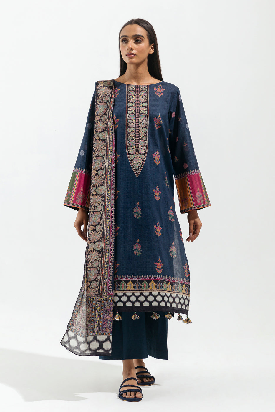 3 Piece - Printed Lawn Suit - Navy Verve