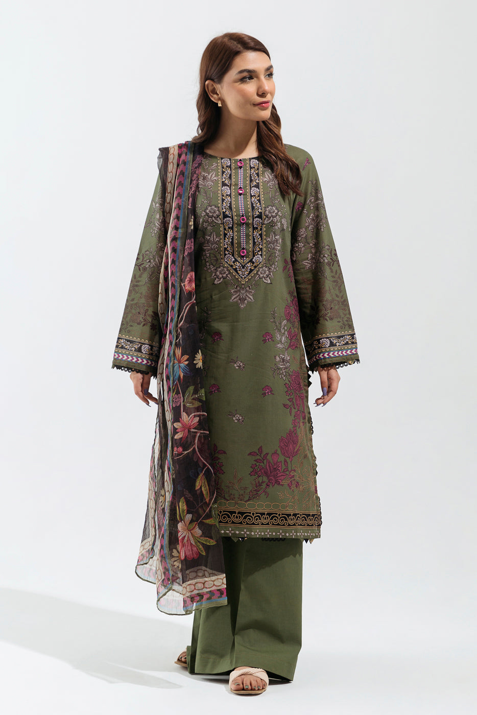 3 Piece - Printed Lawn Suit - Gloomy Sage (Unstitched)