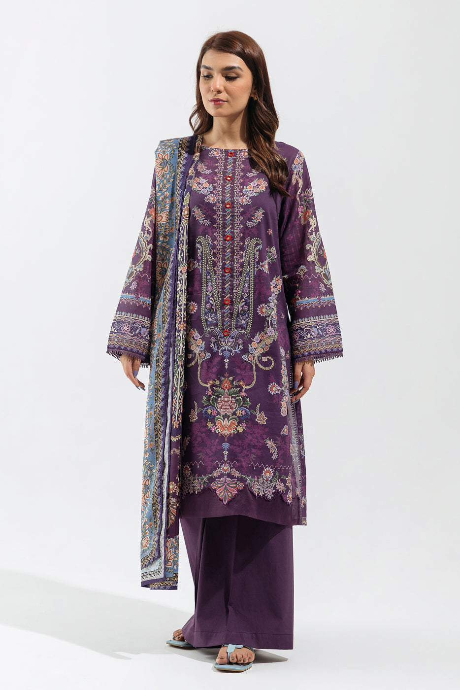 3 Piece - Printed Lawn Suit - Mauve Adorn