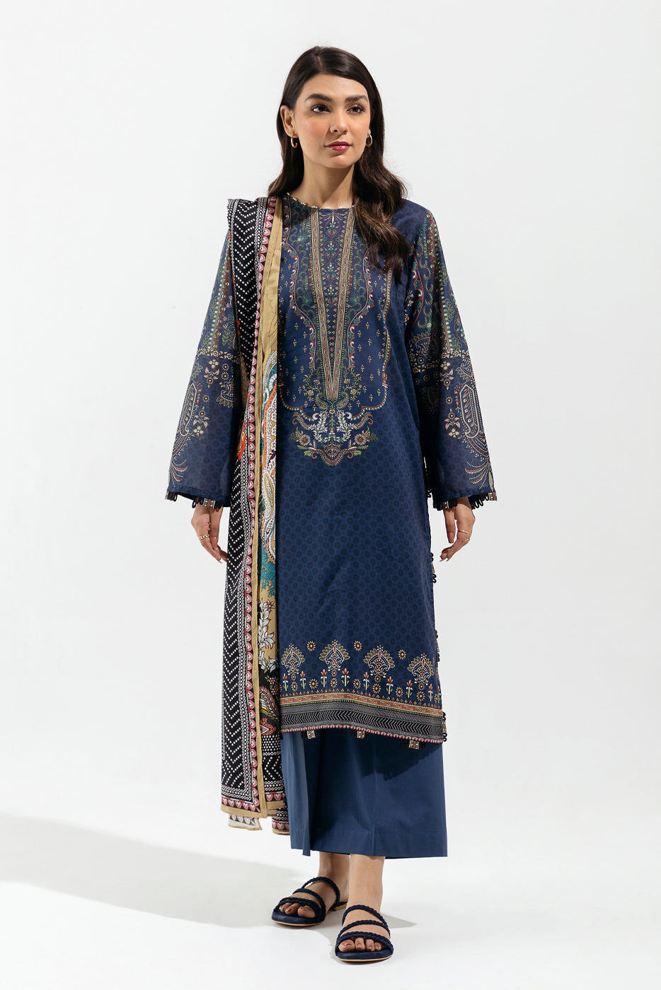 3 PIECE - PRINTED LAWN SUIT - NAVY TWILL