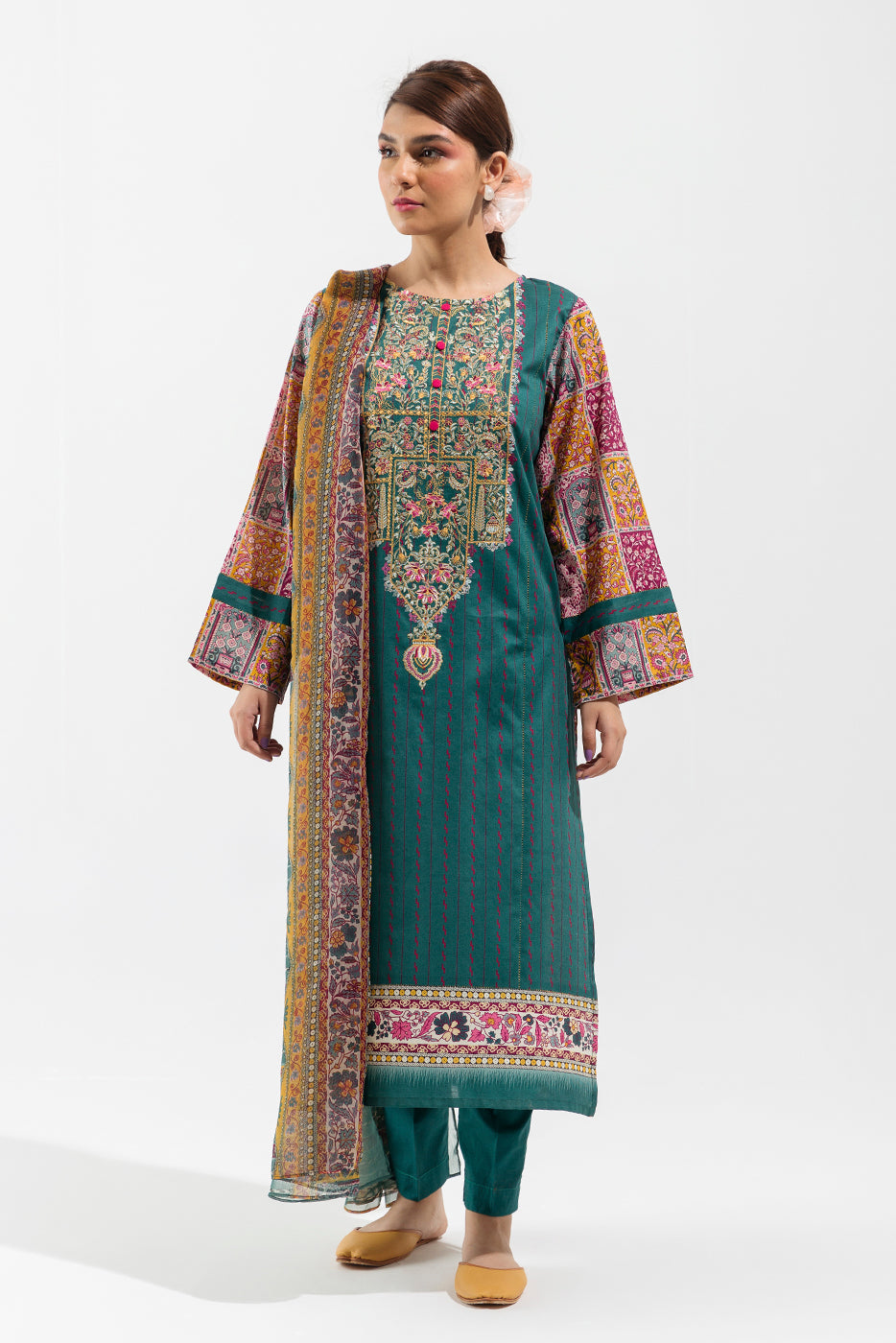 3 Piece - Embroidered Lawn Suit - Teal Adorn