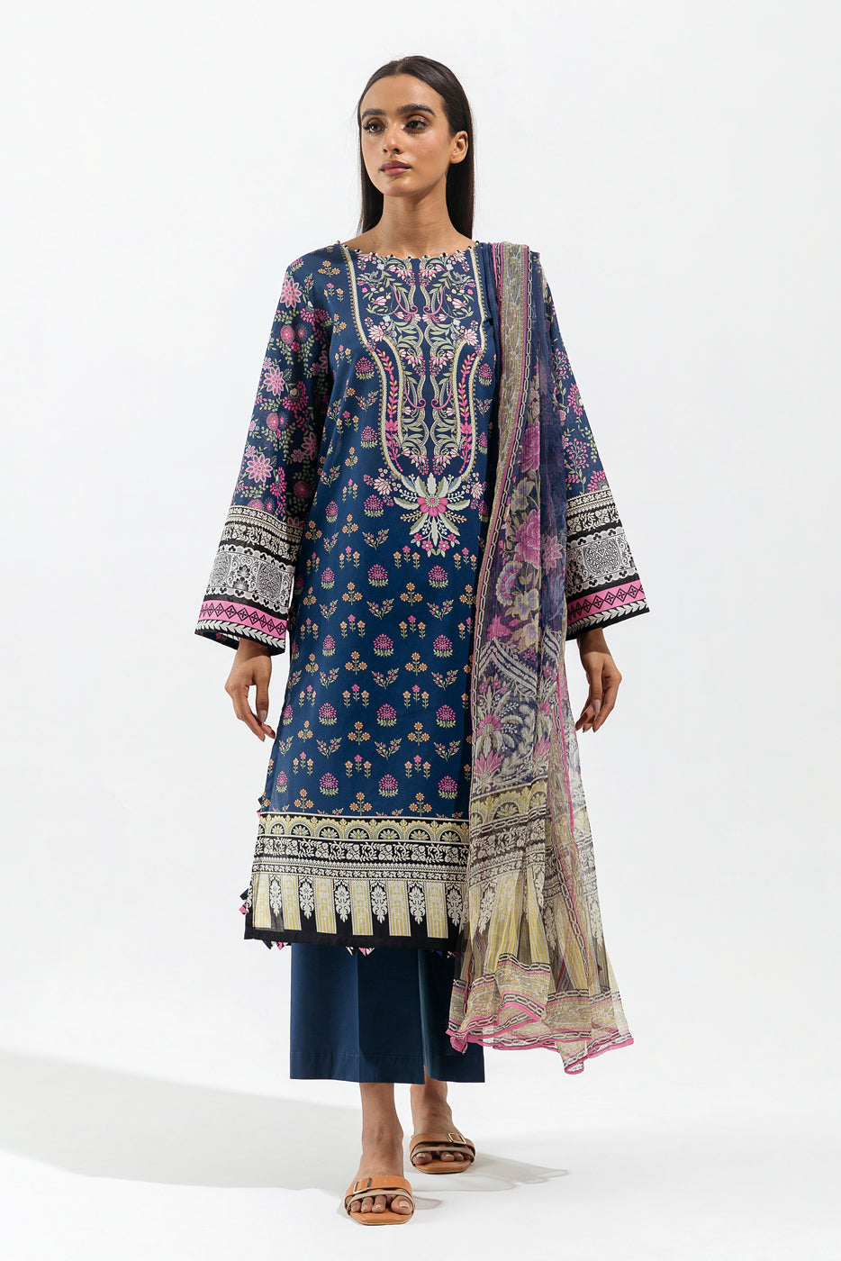 3 Piece - Printed Lawn Suit - Cobalt Orchid