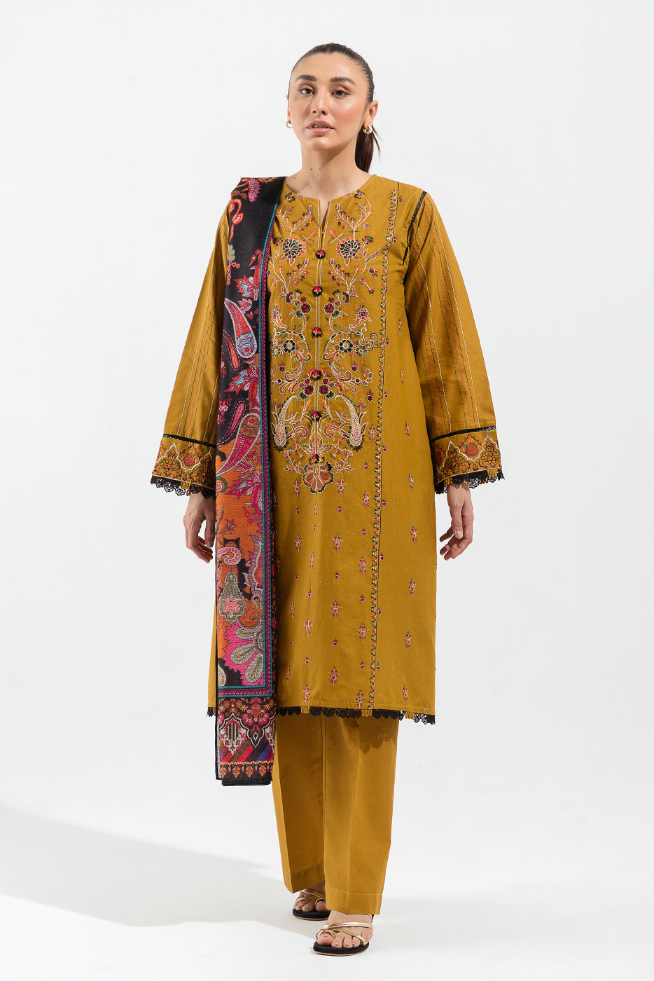 3 Piece - Embroidered Lawn Suit - Moss Twill